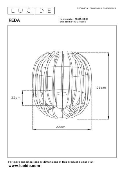 Lucide REDA - Tischlampe - Ø 22 cm - 1xE27 - Schwarz - technisch